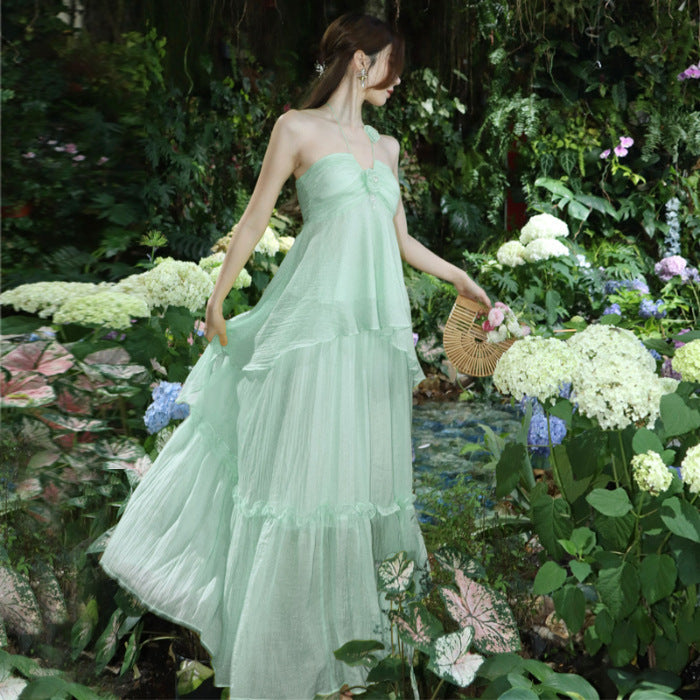 Mint Green French Chic Halter Beach Dress – Elegant Seaside Vacation Outfit | High-End Resort Wear