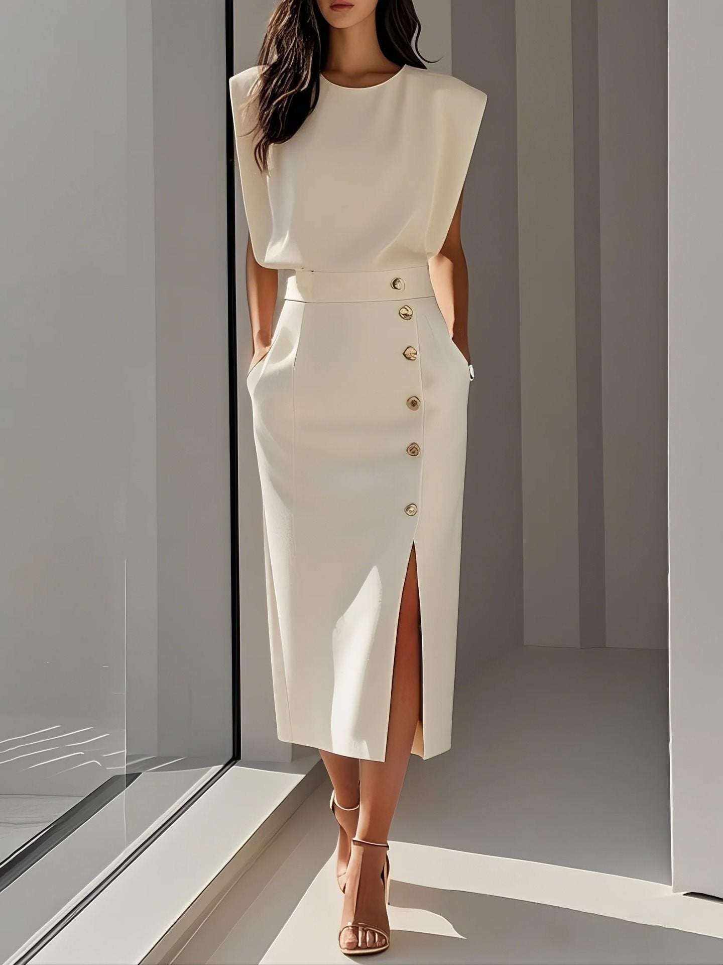 Chic Summer Dress for Women – Sleeveless Split Hem with Metal Button Detail, Elegant & Lightweight