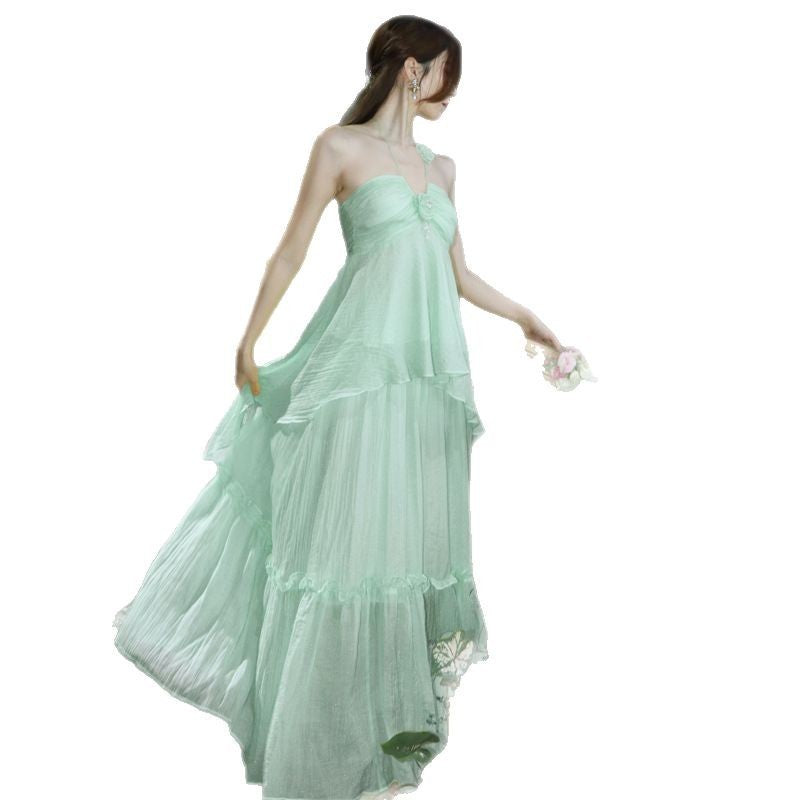 Mint Green French Chic Halter Beach Dress – Elegant Seaside Vacation Outfit | High-End Resort Wear