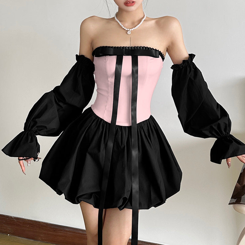 Contrast Color Y2K Bow Tube Top & Cinched Waist Mini Dress – Trendy Hot Girl Aesthetic Set