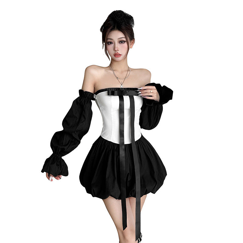 Contrast Color Y2K Bow Tube Top & Cinched Waist Mini Dress – Trendy Hot Girl Aesthetic Set