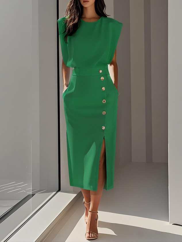 Chic Summer Dress for Women – Sleeveless Split Hem with Metal Button Detail, Elegant & Lightweight