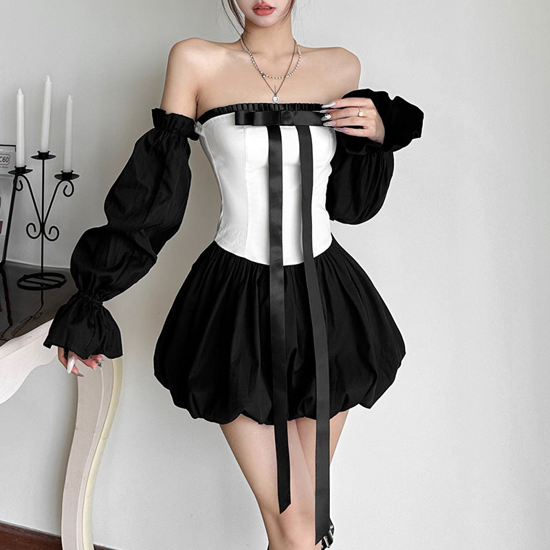 Contrast Color Y2K Bow Tube Top & Cinched Waist Mini Dress – Trendy Hot Girl Aesthetic Set