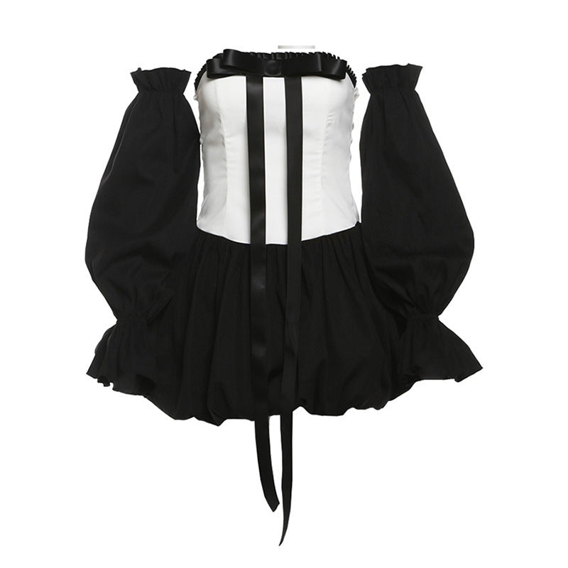 Contrast Color Y2K Bow Tube Top & Cinched Waist Mini Dress – Trendy Hot Girl Aesthetic Set