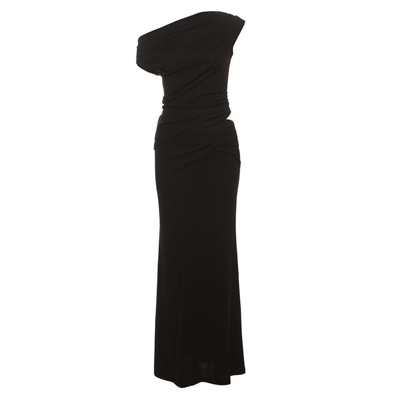 Gothic Elegant Off-Shoulder Asymmetrical Dress Slim Fit Draped Black Party Evening Gown