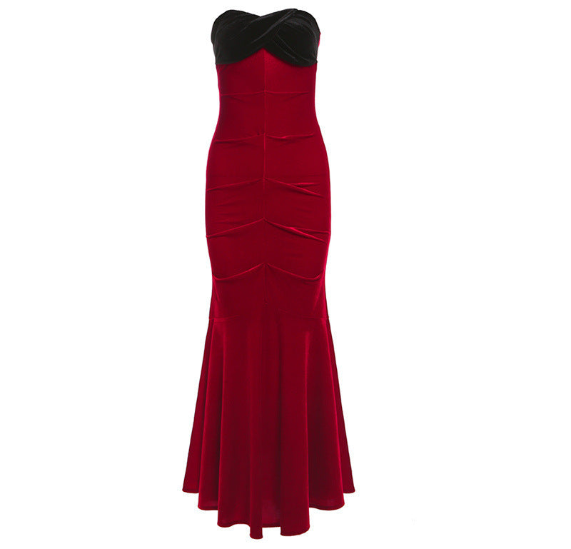 Off-Shoulder Fishtail Bodycon Dress for Women – Contrast Color Socialite Style Tube Top Evening Outfit