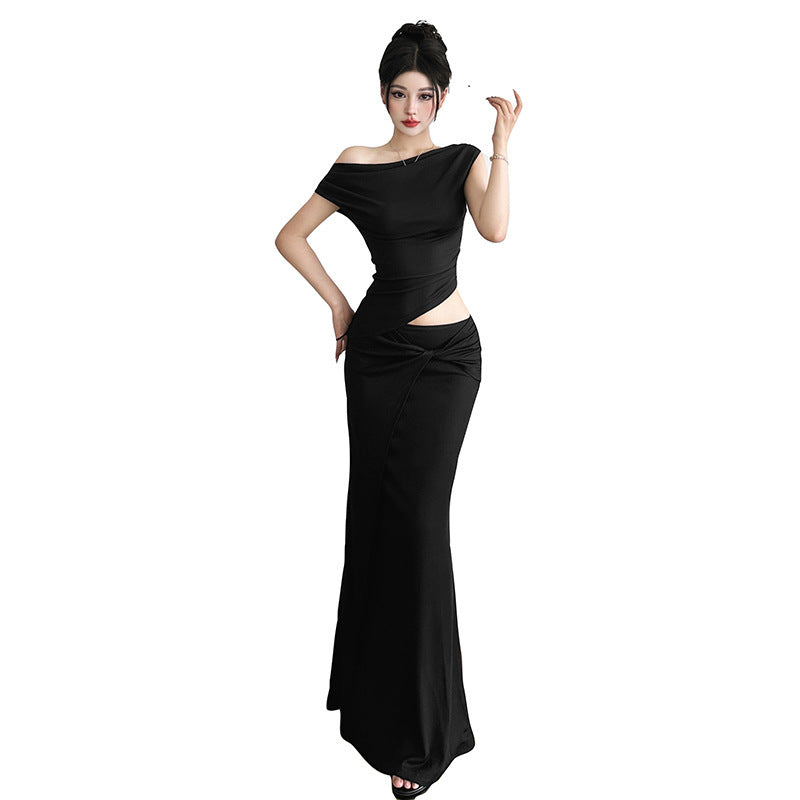 Gothic Elegant Off-Shoulder Asymmetrical Dress Slim Fit Draped Black Party Evening Gown