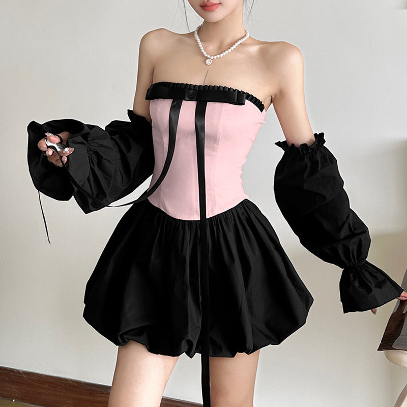 Contrast Color Y2K Bow Tube Top & Cinched Waist Mini Dress – Trendy Hot Girl Aesthetic Set