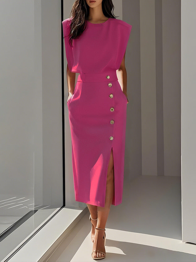 Chic Summer Dress for Women – Sleeveless Split Hem with Metal Button Detail, Elegant & Lightweight