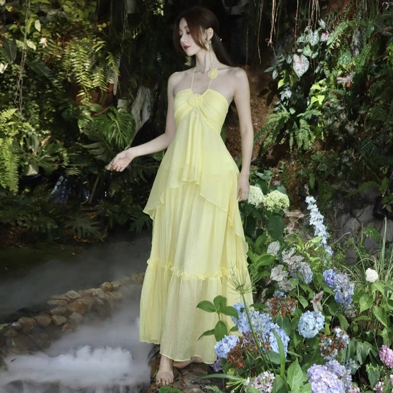 Mint Green French Chic Halter Beach Dress – Elegant Seaside Vacation Outfit | High-End Resort Wear