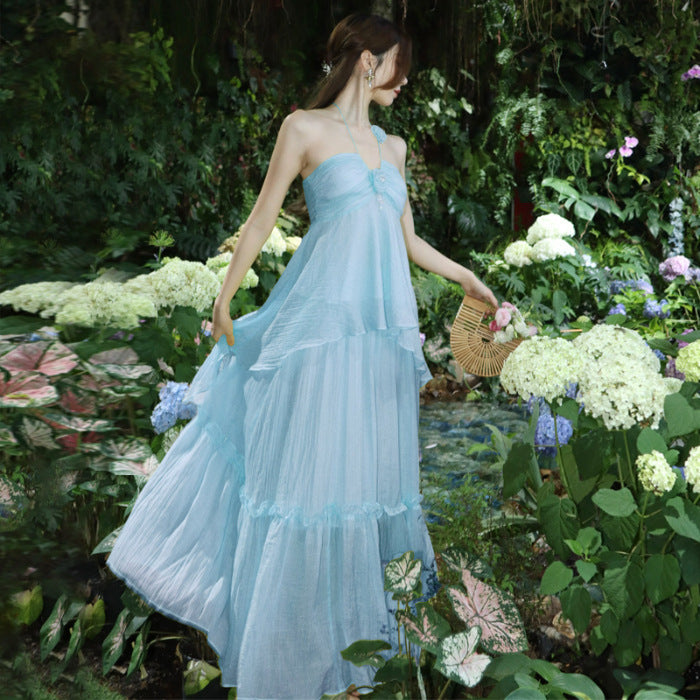 Mint Green French Chic Halter Beach Dress – Elegant Seaside Vacation Outfit | High-End Resort Wear