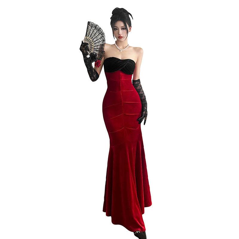 Off-Shoulder Fishtail Bodycon Dress for Women – Contrast Color Socialite Style Tube Top Evening Outfit