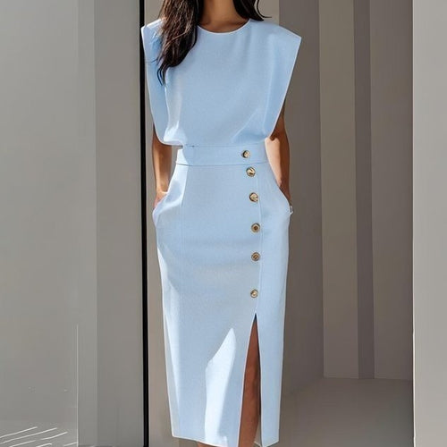 Chic Summer Dress for Women – Sleeveless Split Hem with Metal Button Detail, Elegant & Lightweight