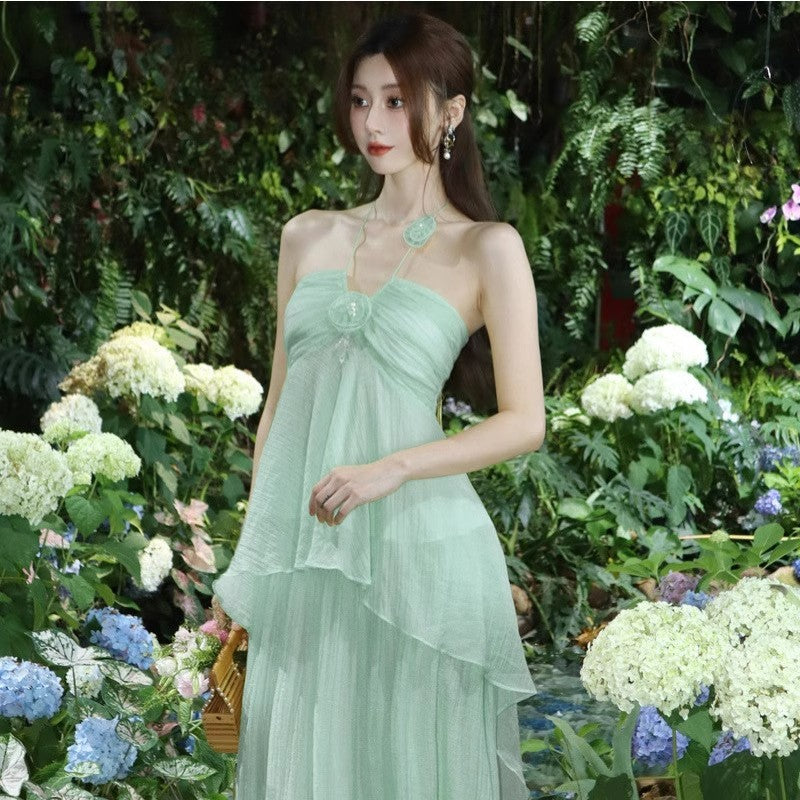 Mint Green French Chic Halter Beach Dress – Elegant Seaside Vacation Outfit | High-End Resort Wear